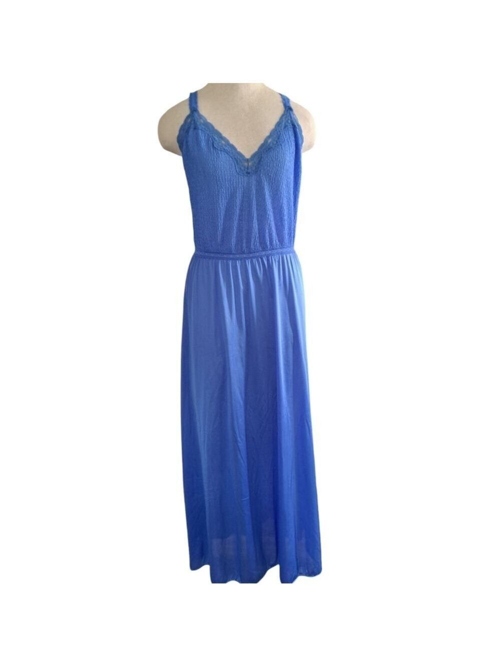 VTG VANITY FAIR long Gown Night dress stretch bodice lace nylon Glam comfort M